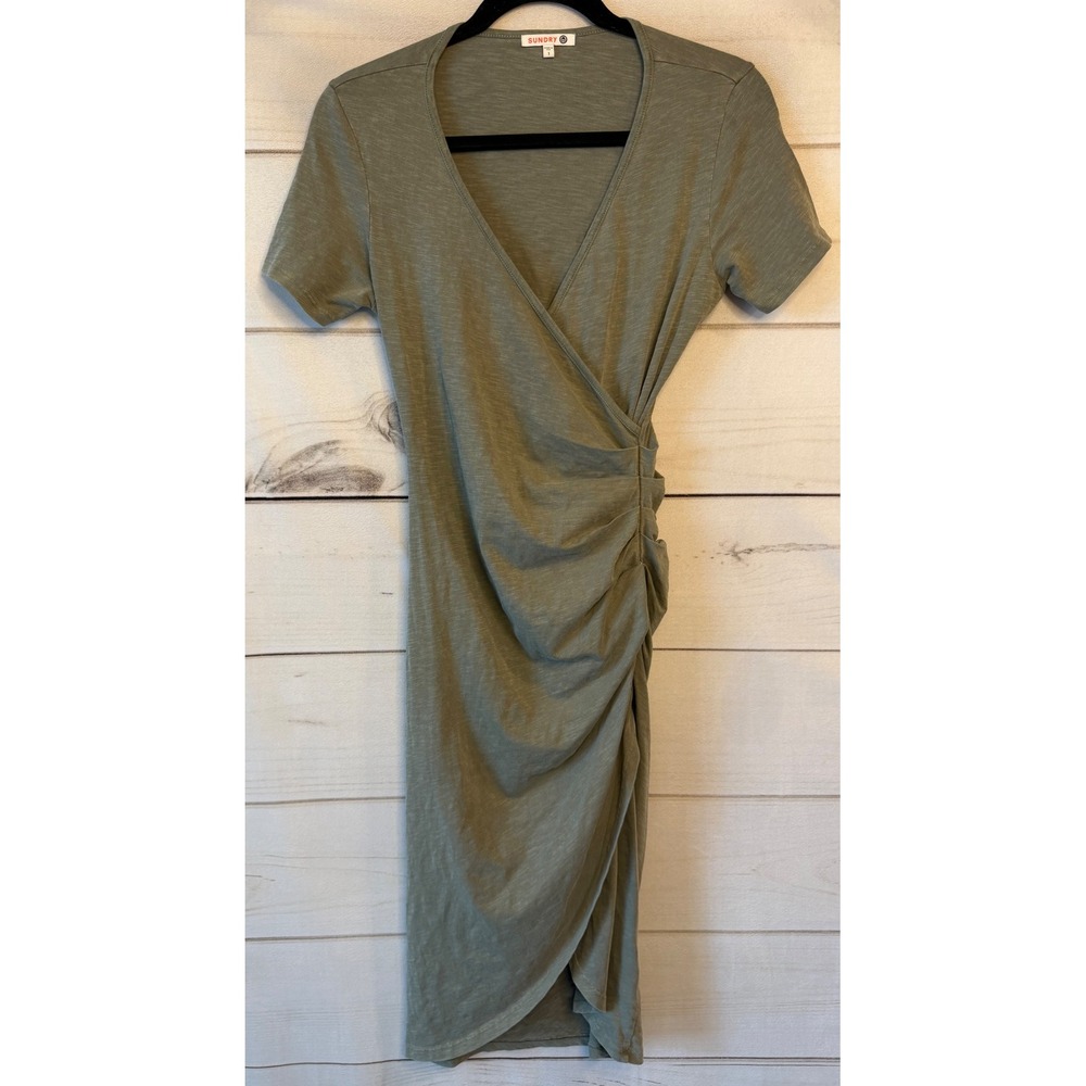 Sundry Womens Sage Green Slub Cotton Ruched Faux Wrap Midi Dress Size 1 S